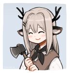  1girl ^_^ alina_(arknights) animal_ears antlers arknights axe blue_background blush border brown_sweater_vest closed_eyes closed_mouth cropped_torso deer_antlers deer_ears deer_girl grey_hair hair_ornament hairclip hands_up hatchet_(axe) holding holding_axe horns long_hair outside_border silverxp simple_background smile solo sweater sweater_vest twitter_username white_border white_sweater 