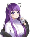  1girl alternate_costume black_jacket blunt_bangs boykoooo breasts fern_(sousou_no_frieren) highres jacket long_hair long_sleeves milk_carton purple_eyes purple_hair sousou_no_frieren sweater white_sweater 