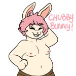 ahoge anonymous_artist anthro bottomwear cargo_shorts clothing grinning_at_viewer hair hand_behind_head hand_on_hip joshie_(calahootheyeen) lagomorph leporid male mammal moobs navel nipples pink_hair rabbit shirtless shirtless_anthro shirtless_male shorts slightly_chubby slightly_chubby_anthro slightly_chubby_male solo sticker telegram_sticker text