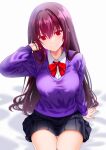  1girl adjusting_hair alternate_costume blush bow bowtie cowboy_shot engo_(aquawatery) fate/grand_order fate_(series) hair_between_eyes highres long_hair long_sleeves looking_at_viewer pleated_skirt purple_hair red_bow red_bowtie red_eyes scathach_(fate) school_uniform sitting skirt smile solo sweater 