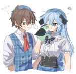  1boy 1girl absurdres animal annoyed aqua_(konosuba) belt black_belt black_bow black_corset black_sash blue_bow blue_bowtie blue_coat blue_eyes blue_hair blue_skirt blush bow bowtie brown_hair buttons coat contemporary corset double-breasted frilled_sleeves frills green_eyes hair_between_eyes hair_bow hair_ornament hand_on_another&#039;s_cheek hand_on_another&#039;s_face happy hat hetero high_ponytail highres jacket kono_subarashii_sekai_ni_shukufuku_wo! light_smile long_hair long_sleeves looking_at_another low-tied_long_hair necktie one_eye_closed open_mouth pekeheihou pinstripe_pattern plaid plaid_headwear plaid_skirt plaid_vest playing puffy_short_sleeves puffy_sleeves puppet red_tie sash satou_kazuma shirt short_hair short_sleeves simple_background skirt smile suit suit_jacket tailcoat toad_(animal) top_hat very_long_hair vest white_background white_shirt 