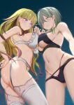  2girls alternate_costume asymmetrical_docking bare_shoulders blonde_hair blue_eyes bra breast_press breasts clenched_teeth diabellstar_the_black_witch diabellze_of_the_original_sin duel_monster garter_belt glaring green_hair grey_hair heterochromia highres large_breasts lingerie long_hair mailixiang medium_hair multiple_girls navel panties sideboob stomach sweat teeth thighhighs underboob underwear yellow_eyes yu-gi-oh! 