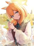  1girl animal_ear_fluff animal_ears blue_archive blue_eyes blue_ribbon closed_mouth commentary_request flower halo highres holding holding_flower long_hair looking_at_viewer mari_(blue_archive) neck_ribbon orange_hair ribbon rose ryh4 smile sunlight white_flower white_rose yellow_flower yellow_halo 
