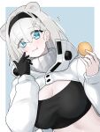  1girl :t animal_ears arknights aurora_(arknights) bear_ears black_hairband black_shirt blue_eyes commentary_request crop_top food gloves hairband hands_up highres holding holding_food long_hair looking_at_viewer midriff shirt shrug_(clothing) single_glove smile solo upper_body white_hair yuki_nko64 