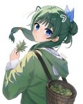  1girl beads blue_eyes blush boykoooo bucket bun_cover green_hair green_hoodie hair_ornament holding holding_leaf hood hoodie kusuriya_no_hitorigoto leaf long_hair long_sleeves looking_at_viewer maomao_(kusuriya_no_hitorigoto) wide_sleeves 