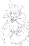  1girl belt bracelet cape closed_mouth commentary earmuffs frilled_skirt frills high_contrast highres jewelry kakone looking_at_viewer monochrome one-hour_drawing_challenge pointy_hair short_hair simple_background skirt smile solo touhou toyosatomimi_no_miko 
