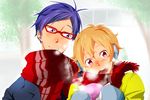  bad_id bad_pixiv_id blonde_hair blue_hair breath earmuffs food free! glasses hazuki_nagisa iwatobi-chan male_focus multiple_boys open_mouth purple_eyes red-framed_eyewear red_eyes ryuugazaki_rei scarf smile 