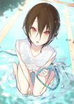  blurry brown_eyes brown_hair depth_of_field empty_pool highres holding hose la-na looking_at_viewer open_mouth original pool shirt short_hair solo tied_shirt water wet 