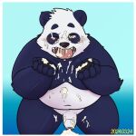 2024 anthro balls bear belly black_nose blush bodily_fluids cum cum_on_belly cum_on_body cum_on_face cum_on_ground cum_on_hand cum_on_penis cum_on_tongue genital_fluids genitals giant_panda kemono male mammal moobs navel one_eye_closed overweight overweight_male penis sangguri_32 simple_background solo tongue tongue_out white_body