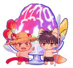  2boys animal_ears black_hair black_shorts chibi closed_mouth fox_boy fox_ears fox_tail hat holding holding_spoon male_focus multiple_boys nipples om3632f open_mouth parfait red_hair red_shorts rukawa_kaede sakuragi_hanamichi short_hair shorts simple_background slam_dunk_(series) smile spoon straw_hat tail tiger_boy tiger_ears tiger_tail topless_male white_background 