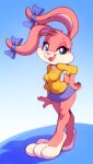 2024 anthro babs_bunny barefoot blue_eyes bottomwear buckteeth clothing ear_bow eyelashes feet female hand_on_hip hi_res lagomorph leporid long_eyelashes looking_at_viewer mammal rabbit skirt solo sweater teeth tiny_toon_adventures topwear warner_brothers wildblur