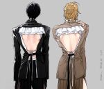  2boys bare_back belt black_belt black_hair black_suit blonde_hair brown_suit english_text frills from_behind grey_background hand_on_own_shoulder highres low_ponytail male_focus multiple_boys sega_mitsuki shirt short_hair simple_background strap suit tashiro-kun_kimi-tte_yatsu_wa tashiro_keima upper_body white_shirt yamada_(onigori105) 