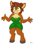 4_fingers activision anthro breasts brown_hair cleavage clothed clothing elora faun_(spyro) female fingers fur green_eyes hair hooves mammal simple_background smile solo spread_arms spyro_reignited_trilogy spyro_the_dragon tan_body tan_fur turbonacho