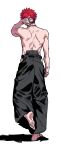  1boy arm_behind_head bare_back bare_shoulders barefoot black_nails black_pants chain_necklace from_behind full_body hand_on_own_head harai_kuko highres hypnosis_mic japanese_clothes jewelry male_focus necklace pants red_hair shadow short_hair simple_background solo tori_shiru 