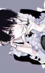  1boy apron black_hair black_nails black_shirt blurry closed_mouth collared_shirt crossdressing depth_of_field ear_piercing hair_between_eyes hand_on_own_cheek hand_on_own_chin hand_on_own_face highres jewelry looking_at_viewer maid maid_apron maid_headdress male_focus male_maid piercing portrait purple_background purple_eyes ring shirt short_hair simple_background solo tashiro-kun_kimi-tte_yatsu_wa tashiro_keima v yamada_(onigori105) 