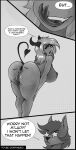 anthro anus bent_over big_breasts big_butt breasts butt canid canine comic dialogue female genitals horn mammal nipples pussy shamziwhite standing succubus text