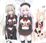  3girls alternate_costume angel_wings armband beret bikini black_bikini black_choker black_gloves black_sailor_collar black_shrug black_skirt blonde_hair blue_archive blue_hair blush bow bowtie braid breasts bright_pupils choker clearite clothes_lift collaboration commentary_request crown_braid embarrassed feathered_wings flame_tsukushi flat_chest flower gloves gradient_hair hair_bun hair_flower hair_ornament half_gloves halo hat height_difference highres katsuhiko_(bone_hiko) large_breasts lifted_by_self long_hair long_skirt long_sleeves looking_at_viewer mask_bikini medium_breasts micro_bikini microskirt mika_(blue_archive) multicolored_hair multiple_girls nagisa_(blue_archive) navel neckerchief panties pink_hair pleated_skirt red_armband red_bow red_bowtie red_neckerchief sailor_collar seia_(blue_archive) short_sleeves shrug_(clothing) side-tie_panties side_slit single_side_bun skirt skirt_lift stomach string_panties sweatdrop swimsuit tea_party_(blue_archive) underwear very_long_hair white_panties white_pupils white_wings wings yellow_eyes 