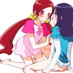  2girls ass bare_legs barefoot blue_dress blue_eyes blue_hair blue_shirt blue_sleeves blush bow bowtie breasts closed_mouth clothes_lift commentary_request dress dress_lift face-to-face flower foot_out_of_frame frilled_dress frilled_sleeves frills full_body furrowed_brow hair_flower hair_ornament hanasaki_tsubomi heartcatch_precure! knee_blush kneeling kurumi_erika layered_sleeves long_hair long_sleeves looking_at_another low_twintails multiple_girls nipples parted_lips pink_bow pink_bowtie pink_dress pink_sleeves precure red_eyes red_hair sekihara_umina shirt short_dress short_over_long_sleeves short_sleeves simple_background sitting small_breasts sweatdrop trembling twintails very_long_hair wavy_hair wavy_mouth white_background yellow_flower yuri 