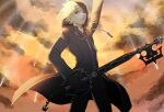  1boy arm_up black_coat black_coat_(kingdom_hearts) blonde_hair blue_eyes chain cloud cloudy_sky coat commentary highres holding holding_weapon hood hood_up keyblade kingdom_hearts kingdom_hearts_iii long_coat looking_to_the_side male_focus oblivion_(keyblade) orange_sky roxas short_hair sky solo spiked_hair sunlight tdmmt_r twilight upper_body weapon wind 
