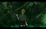  1boy arm_up bishounen black_shorts blonde_hair closed_mouth collared_shirt green_eyes green_theme grey_shirt hair_between_eyes head_tilt highres holding in_water kazari_tayu leaf looking_to_the_side male_focus nature original plant shadow shirt short_hair shorts sleeves_rolled_up solo summer sunlight upper_body vines 