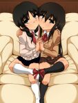  2girls amakusa_shino black_eyes black_hair black_socks blazer bow bowtie braid brown_hair cardigan feet full_body hair_between_eyes hand_on_another&#039;s_shoulder holding_hands interlocked_fingers jacket kakoogan kneehighs long_hair long_sleeves looking_at_viewer medium_hair multiple_girls open_mouth plaid plaid_skirt pleated_skirt red_bow red_bowtie red_tie school_uniform seitokai_yakuindomo sidelocks sitting skirt socks twin_braids uomi_chihiro white_socks 