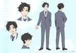  1boy black_hair black_necktie blue_archive blue_archive_the_animation english_text grey_pants grey_suit hand_on_own_hip highres lanyard messy_hair necktie official_art pants sensei_(blue_archive) sensei_(blue_archive_the_animation) shirt shoes smile solo suit white_shirt 