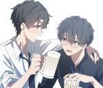  2boys beer_mug black_hair black_shirt blue_archive brown_eyes brown_hair collared_shirt cup glasses holding holding_cup id_card looking_at_another mug multiple_boys problem_solver_sensei_(blue_archive) sensei_(blue_archive) sensei_(blue_archive_the_animation) shirt sumutemu upper_body white_background white_shirt 