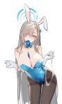  1girl absurdres animal_ears asuna_(blue_archive) asuna_(bunny)_(blue_archive) bare_shoulders between_breasts blue_archive blue_bow blue_bowtie blue_eyes blue_leotard blush bow bowtie breasts card cleavage detached_collar fake_animal_ears gloves hair_over_one_eye halo highleg highleg_leotard highres large_breasts leotard light_brown_hair long_hair looking_at_viewer mole mole_on_breast official_alternate_costume one_eye_closed painterliuhao pantyhose playboy_bunny playing_card rabbit_ears ribbon simple_background smile solo strapless strapless_leotard thigh_gap traditional_bowtie very_long_hair white_background white_gloves 