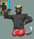 anthro arm_hair black_body black_fur black_nose body_hair briefs clothing danny_smoke_in_furry_land eyes_closed felid fur grin hi_res king king_magnum male mammal muscular muscular_anthro muscular_male pantherine portrait red_briefs red_clothing red_underwear royalty sinzurinko1 smile solo standing teeth three-quarter_portrait underwear