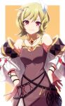  1girl bare_shoulders blonde_hair brown_dress citrinne_(fire_emblem) dress feather_hair_ornament feathers fire_emblem fire_emblem_engage gold_choker gold_trim hair_ornament highres jewelry leather_wrist_straps minamonochaba red_eyes solo wing_hair_ornament 