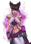  1girl abs aqua_nails bare_shoulders black_hair breasts collar collarbone cone_hair_bun cowboy_shot diagonal_bangs fingerless_gloves gloves hair_bun han_juri highres looking_at_viewer medium_breasts multicolored_hair muscular muscular_female navel pants purple_eyes purple_hair revealing_clothes solo spiked_collar spiked_gloves spikes streaked_hair street_fighter street_fighter_6 superbull tongue tongue_out vest white_background white_pants white_vest 