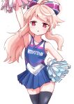  1girl ahoge black_thighhighs blue_archive blue_skirt blush breasts cheering cheerleader clothes_writing collarbone cowboy_shot halo highres holding holding_pom_poms kurosaki_kousuke long_hair natsu_(blue_archive) parted_lips pink_hair pink_halo pleated_skirt pom_pom_(cheerleading) red_eyes side_ponytail simple_background skirt small_breasts solo thighhighs triangle_mouth white_background 