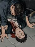  2boys black_eyes black_hair bleeding blood blood_drip blood_from_mouth blood_on_clothes blood_on_face blood_on_neck cannibalism character_request chengongzi123 collared_shirt commentary corpse death gakuran glasses guro highres kogure_kiminobu looking_at_viewer lying male_focus multiple_boys on_back open_mouth pool_of_blood rimless_eyewear rolling_eyes round_eyewear school_uniform shirt slam_dunk_(series) symbol-only_commentary tile_floor tiles upper_body 