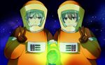  blue_eyes brown_hair helmet holding_hands kakumeiki_valvrave l-elf male_focus multiple_boys purple_eyes sana423 silver_hair sky smile spacesuit star_(sky) starry_sky tokishima_haruto v 