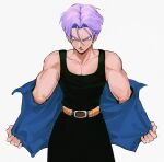  1boy absurdres belt belt_buckle black_pants black_tank_top blue_eyes blue_jacket bright_pupils buckle collarbone cowboy_shot curtained_hair dragon_ball dragon_ball_z hair_intakes highres jacket male_focus muscular muscular_male open_clothes open_jacket pants parted_bangs pectoral_cleavage pectorals purple_hair removing_jacket shirt short_hair signature simple_background sleeveless sleeveless_shirt solo tank_top trunks_(dragon_ball) trunks_(future)_(dragon_ball) v-shaped_eyebrows vamos_mk white_background white_pupils yellow_belt 