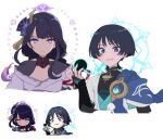  1boy 1girl black_gloves black_shirt blue_cape blue_eyes blue_hair blunt_ends braid breasts cape closed_mouth commentary_request dark_blue_hair elbow_gloves eyeshadow fan_hair_ornament fingerless_gloves flower genshin_impact genshin_impact_sticker_redraw_(meme) gloves hair_flower hair_ornament hand_fan hand_up japanese_clothes jewelry kimono leaf long_hair long_sleeves looking_at_viewer makeup mandarin_collar medium_breasts meme mitsudomoe_(shape) mole mole_under_eye mxxu_box neck_ribbon necklace no_headwear off_shoulder open_clothes open_vest pink_eyes pom_pom_(clothes) purple_flower purple_hair purple_kimono raiden_shogun red_eyeshadow red_ribbon ribbon ring scaramouche_(genshin_impact) shirt short_hair short_sleeves sidelocks simple_background sleeveless sleeveless_shirt smile tassel tassel_hair_ornament teeth tomoe_(symbol) upper_body vest wanderer_(genshin_impact) white_background white_vest 