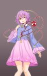  1girl black_hairband blue_shirt commentary frilled_sleeves frills grey_background hairband heart highres kakone komeiji_satori long_sleeves looking_at_viewer one-hour_drawing_challenge open_mouth pink_skirt purple_eyes purple_hair shirt short_hair simple_background skirt solo touhou 