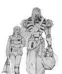  1boy 1girl bag blunt_bangs clothes_around_waist couple d.va_(overwatch) feet_out_of_frame headphones headphones_around_neck height_difference hetero holding holding_bag humanoid_robot jacket jacket_around_waist long_hair looking_at_another open_clothes open_jacket open_mouth overwatch pants ramattra_(overwatch) robot shirt shopping_bag short_shorts shorts simple_background standing straight_hair talking teeth topless_male upper_teeth_only velinxi walking white_background 