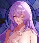  1girl black_swan_(honkai:_star_rail) breasts closed_eyes collarbone commentary hand_on_own_chest highres honkai:_star_rail honkai_(series) long_hair nude purple_hair solo upper_body very_long_hair vivi_(tsuneve) 