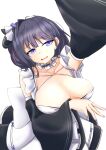 1girl azur_lane black_hair black_sleeves breasts cleavage collarbone detached_sleeves frilled_sleeves frills hair_ribbon large_breasts liverpool_(azur_lane) maid open_mouth purple_eyes purple_nails reaching reaching_towards_viewer ribbon selfie simple_background smile solo tetsuhige white_background white_ribbon wide_sleeves 
