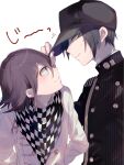  2boys 3103vv arm_belt arms_behind_back baseball_cap belt black_hair black_hat black_jacket black_scarf black_sleeves buttons checkered_clothes checkered_scarf closed_mouth collared_jacket collared_shirt commentary_request danganronpa_(series) danganronpa_v3:_killing_harmony double-breasted eye_contact eyelashes face-to-face fingernails hand_on_headwear hat high_collar highres jacket layered_sleeves leaning_forward long_sleeves looking_at_another male_focus motion_lines multiple_boys oma_kokichi partial_commentary pinstripe_jacket pinstripe_pattern purple_eyes purple_hair saihara_shuichi scarf shirt short_hair simple_background smile sweat two-tone_scarf upper_body wavy_mouth white_background white_belt white_jacket white_scarf white_shirt yellow_eyes 