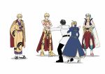  1girl 4boys ahoge arabian_clothes arm_markings armor artoria_pendragon_(fate) belt black_belt black_footwear black_hair black_pants blonde_hair blue_dress blue_ribbon body_markings braid braided_bun clothing_cutout cropped_vest crossed_arms cuirass cuisses dress earrings faceless fate/grand_order fate/samurai_remnant fate/stay_night fate/zero fate_(series) faulds fujimaru_ritsuka_(male) gauntlets gilgamesh_(caster)_(fate) gilgamesh_(fate) hair_bun hair_ribbon hands_on_own_hips highres jacket jacket_on_shoulders japanese_clothes jewelry jurassic_world leg_cutout meme moonlight_0423 multiple_boys multiple_persona necklace pants parody poleyn prattkeeping_(meme) ribbon sabaton saber_(fate) sandals sidelocks single_gauntlet sweat topless_male turban twitter_username vest white_background white_jacket 