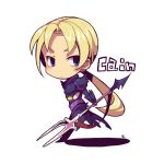  1boy armor blonde_hair blue_eyes blush character_name chibi chibi_only closed_mouth final_fantasy final_fantasy_iv full_body holding holding_polearm holding_weapon kain_highwind kotorai long_hair looking_at_viewer male_focus no_nose polearm purple_armor simple_background solo very_long_hair weapon white_background 