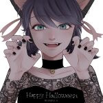  1girl animal_ears bell black_shirt blue_eyes blue_hair cat_ears cat_girl chigico_u highres jewelry jingle_bell looking_at_viewer marinette_dupain-cheng miraculous_ladybug necklace paw_pose shirt simple_background smile solo upper_body white_background 