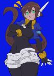  ! !! 1girl absurdres aile_(mega_man_zx) arm_between_breasts between_breasts blue_background blue_jacket blush bodysuit bodysuit_under_clothes breasts brown_hair buzzlyears covered_collarbone covered_navel cowboy_shot cropped_jacket glowing glowing_eyes green_eyes highres jacket large_breasts long_hair looking_at_viewer mega_man_(series) mega_man_zx mega_man_zx_advent open_clothes open_jacket ponytail robot_ears shorts simple_background solo white_shorts 