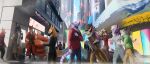 absurd_res anthro arctil-noddedur bat canid canine canis city cityscape cyberpunk detailed_background felid female fox group hi_res humanoid lights male mammal pantherine science_fiction sergal street tarin_nailo tiger wolf