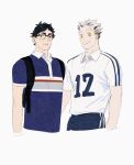  2boys akaashi_keiji backpack bag black_bag black_hair blue_eyes blue_pants blue_shirt bokuto_koutarou chengongzi123 collared_shirt commentary cropped_legs glasses grey_hair grin haikyuu!! highres looking_at_viewer male_focus multicolored_hair multiple_boys pants shirt short_hair short_sleeves simple_background smile streaked_hair symbol-only_commentary thick_eyebrows very_short_hair white_background white_shirt yellow_eyes 