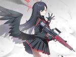  1girl ass black_gloves black_hair black_serafuku black_skirt black_wings blue_archive blush closed_eyes cowboy_shot feathered_wings gloves grin gun hair_ornament hairpin halo holding holding_gun holding_weapon ichika_(blue_archive) long_hair long_sleeves neckerchief nekoln pleated_skirt red_halo red_neckerchief school_uniform serafuku skirt smile solo weapon wings 