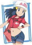  1girl absurdres alternate_costume bag beanie black_hair blush clenched_hand closed_mouth commentary_request cowboy_shot cropped_jacket dawn dawn_(pokemon) eyelashes grey_eyes hainchu hat highres jacket long_hair looking_to_the_side navel pink_jacket pokemon pokemon_(anime) pokemon_journeys poketch red_shirt shirt short_sleeves shorts sidelocks smile solo split_mouth watch white_background white_hat wristwatch 