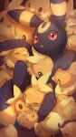  &gt;_&lt; :o animal_focus bird chick fang from_above highres looking_at_viewer lying no_humans nullma on_back open_mouth pokemon pokemon_(creature) too_many too_many_chicks torchic umbreon 